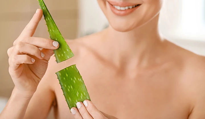 Frau mit Aloe Vera-Blatt Frau hält aufgeschnittenes Aloe Vera-Blatt in den Händen